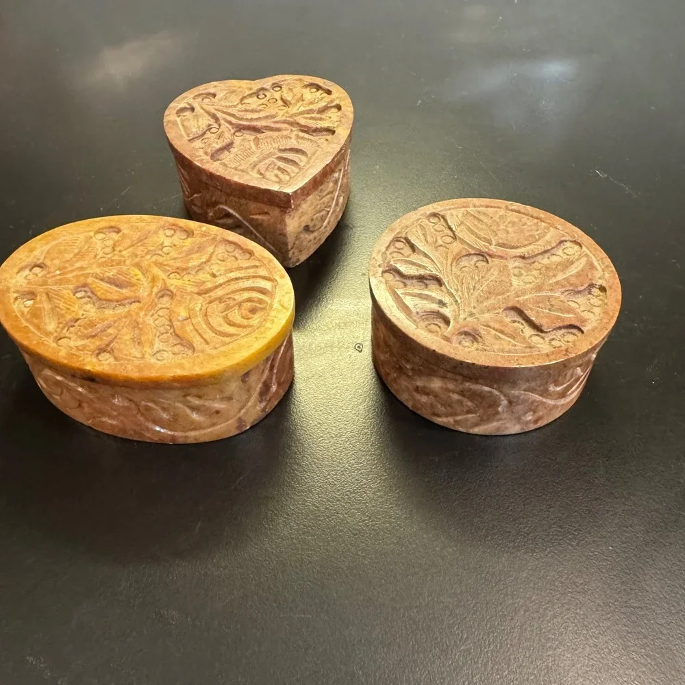 K's Collection Soapstone Trinket Boxes Set of 3 Brown Hand Carved Floral India
